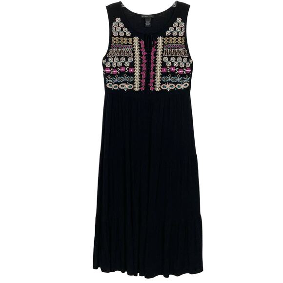 NWOT DESIGN HISTORY Dress L Aztec Floral Embroidery Bow Tie Tiered Maxi Black - Picture 1 of 9